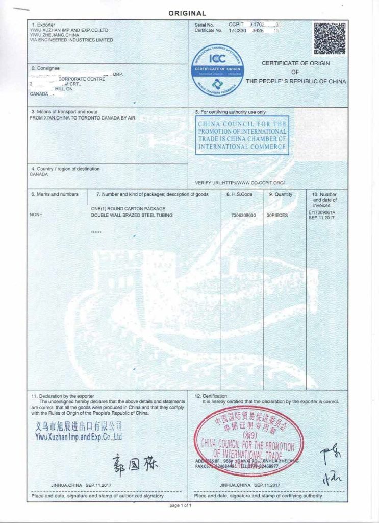 Certificado de origen de muestra para tubos Bundy